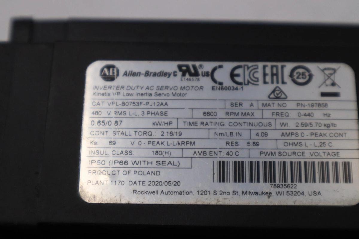 Used Allen Bradley Inverter Duty AC Servo Motor Cat No. VPL-B0753F-PJ12AA Ser. A