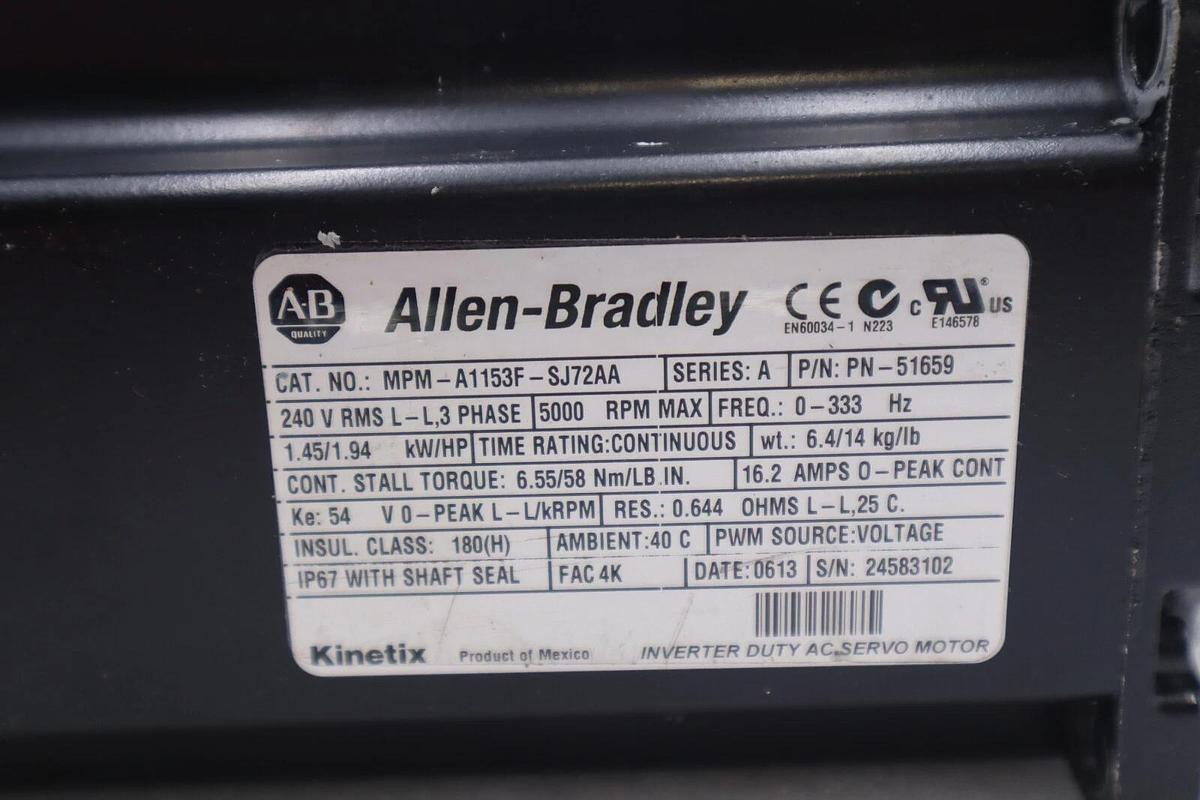 Used ALLEN-BRADLEY MPM-A1153F-SJ72AA SERIES A INVERTER DUTY SERVO MOTOR STOCK #2787