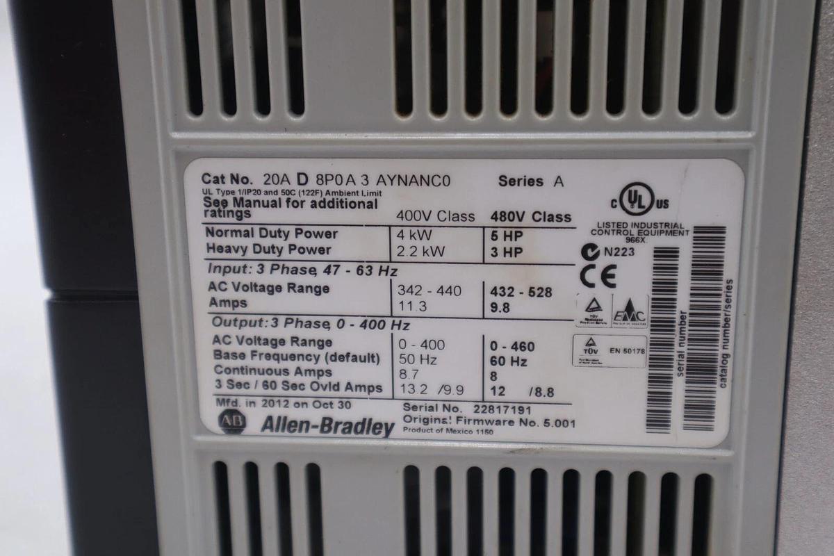 Used 20AD8P0A3AYNANC0 ALLEN BRADLEY POWERFLEX 70 5HP AC DRIVE 480 VOLT STOCK 3306