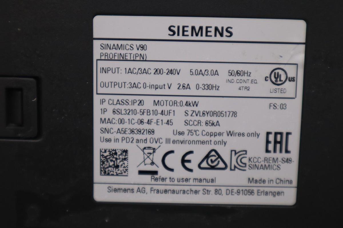 Used SIEMENS 6SL3210-5FB10-4UF1 SINAMICS V90 PROFINET SERVO DRIVE - STOCK H813C