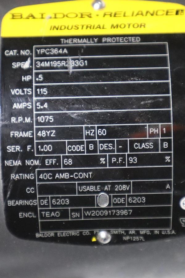 Used BALDOR YPC364A INDUSTRIAL MOTOR .5HP 1075 RPM - STOCK SGF75