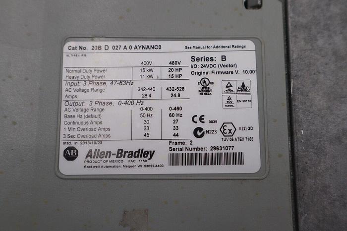 Used ALLEN BRADLEY 20BD027A0AYNANC0 POWERFLEX 20 HP 480V SER B DRIVE STOCK 2504
