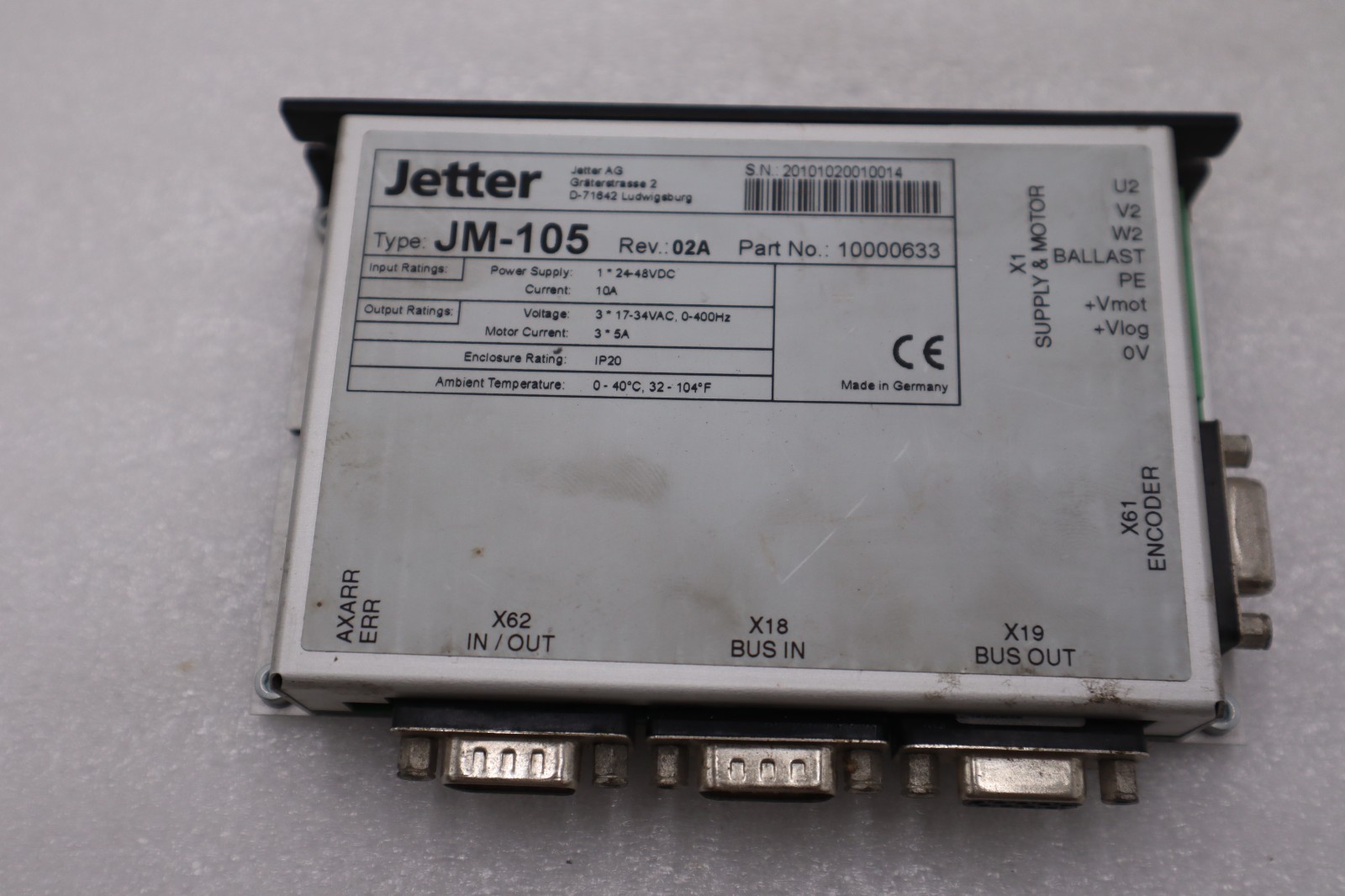 Used JETTER Type: JM-105 Rev. 02A / 10000633 Drive STOCK H1067A
