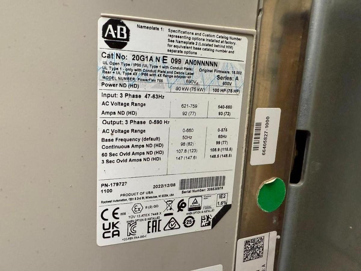 Used 100 HP ALLEN BRADLEY POWERFLEX 755 DRIVE CAT. 20G1ANE099AN0NNNNN 600V