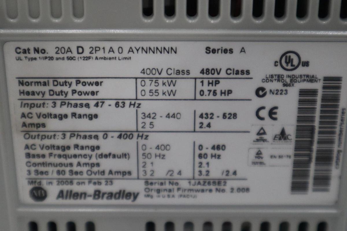 Used ALLEN-BRADLEY 1HP POWER FLEX 70 3-PHASE DRIVE 20AD2P1A0AYNNNN AB STK K-758-A