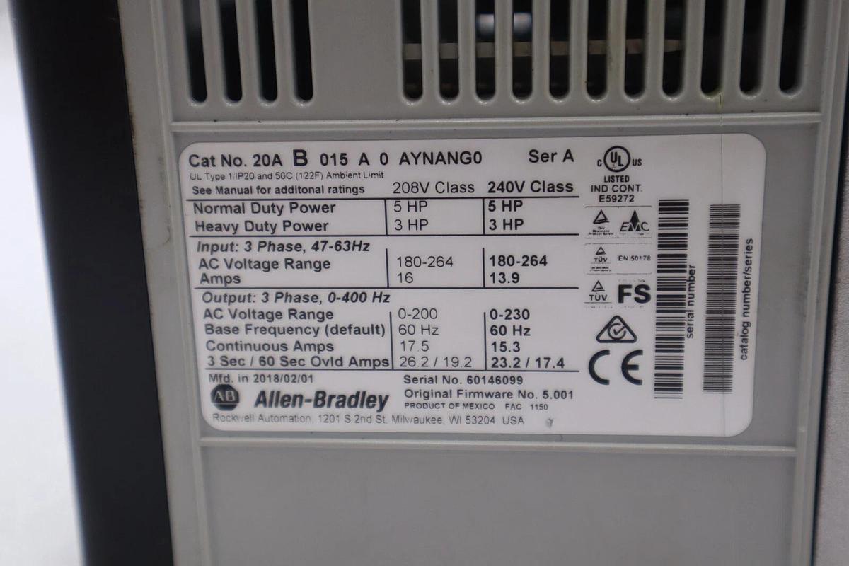Used Allen-Bradley PowerFlex 70 20AB015A3AYNANG0 MFG. 2018 AC Drive STOCK 2629