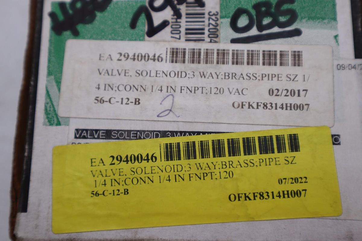 Used ASCO OFKF8314H007 SOLENOID VALVE 3-WAY 1/4 IN 120 VAC STOCK #K-2281