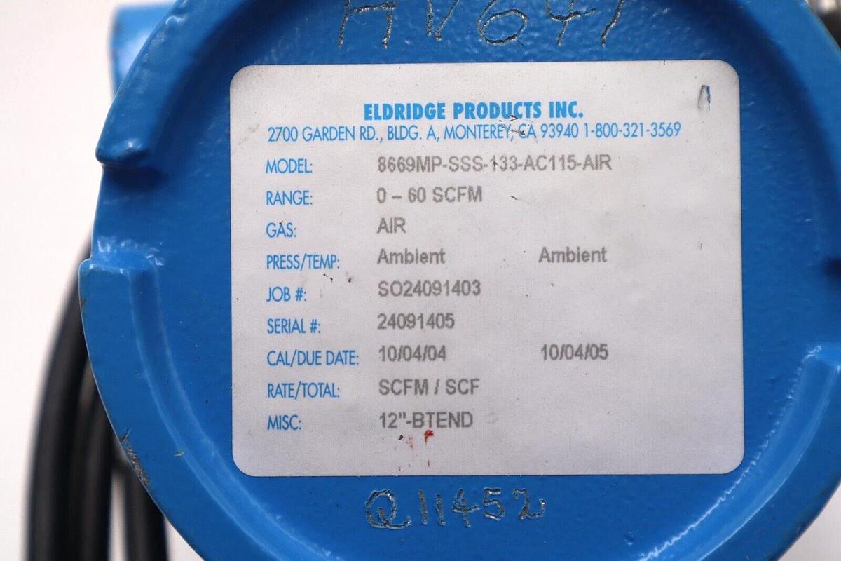 Used ELDRIDGE 8669MP-SSS-133-AC115 FLOW SENSOR METER FLOWMETER ASSEMBLY STOCK 2402