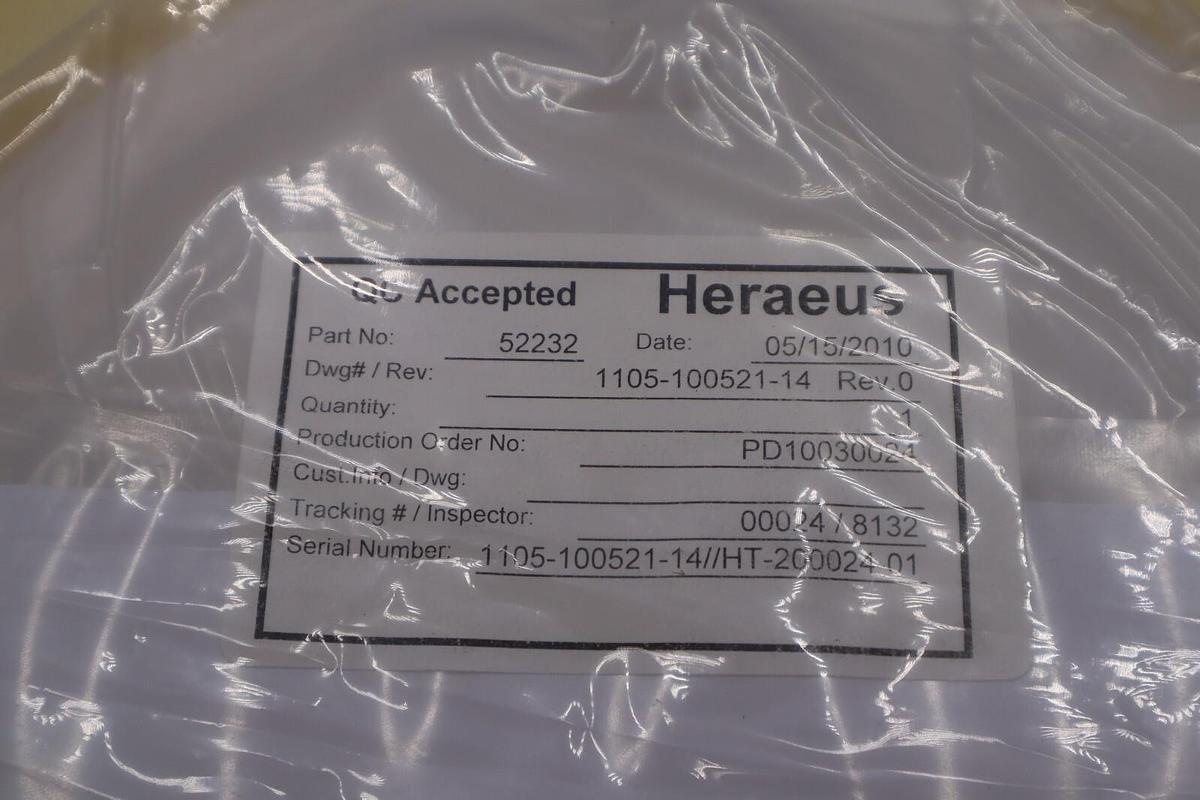 Used Heraeus Pedestal Fin Quartz 52232 1105-100521-14 Rev.0 New Open Box #2675