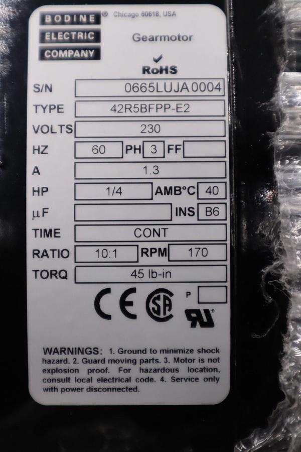 Bodine gear motor 45R5BFPP-E2 230V 3PH 1/4HP 10:1 170 RPM NEW UNIT STOCK H828