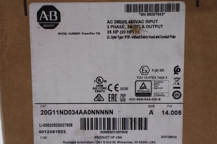 NEW ALLEN BRADLEY POWERFLEX 755 20G11ND034AA0NNNNN 25HP DRIVE FW 14.005 STK 3205