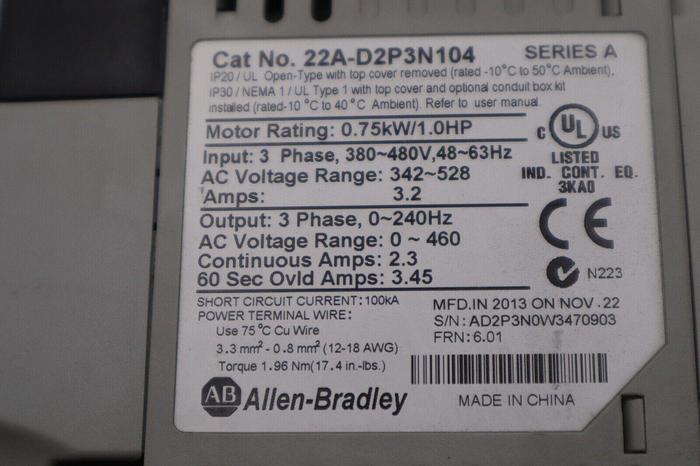 Used Allen Bradley 22A-D2P3N104 /A PowerFlex 4 AC Drive 1HP 3Ph 480V STOCK 5781