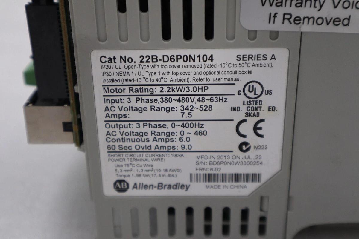 Allen-Bradley 22B-D6P0N104 PowerFlex 40 3.0HP AC Drive SURPLUS NEVER USED H320A