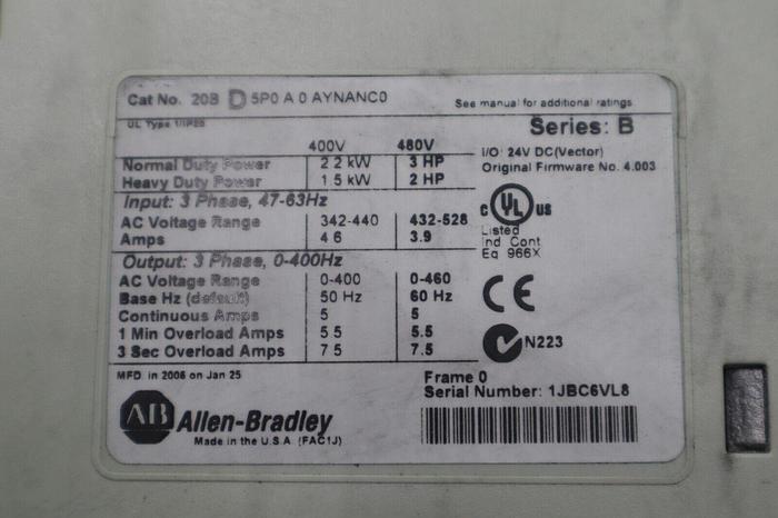 Used Allen Bradley Power Flex 700 Drive 3 HP 3 Phase 20BD5P0A0AYNANC0 STOCK 2220