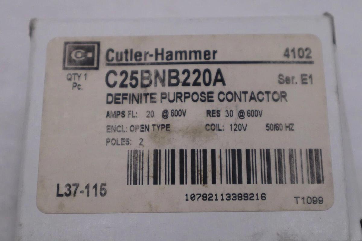 Used Eaton C25bnb220a Cutler-Hammer 120Vac Non-Reversing Definite Purpose Contactor