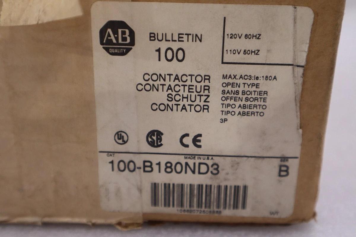 Used ALLEN BRADLEY 100-B180ND3 SER. B 110/120V 180A NEW IN BOX STOCK H101