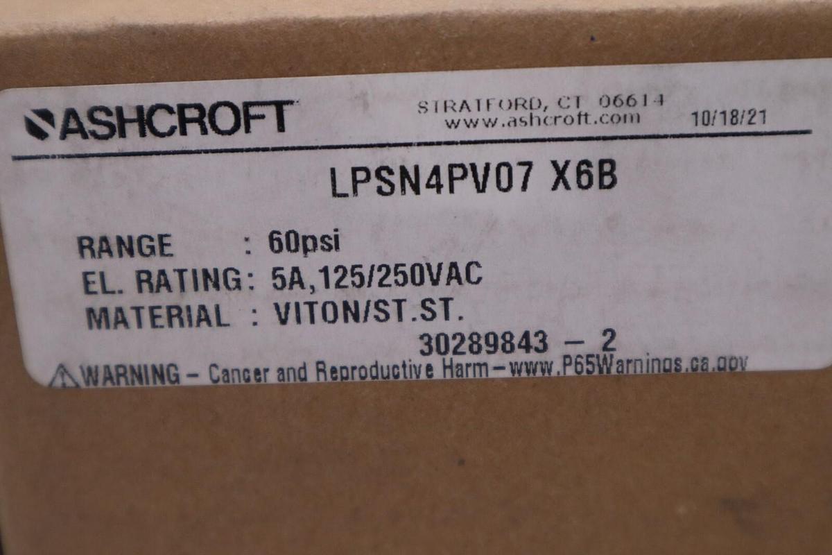NEW ASHCROFT LPSN4PV07 X6B Pressure Switch 60psi 5A 125/250VAC STOCK H185