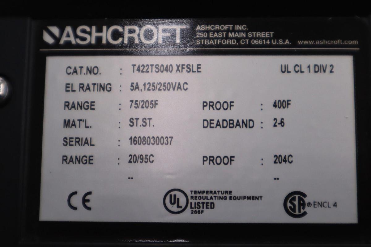 Used NEW ASHCROFT T422TS040 XFSLE 6FT 75/205F TEMP SWITCH STOCK G431A
