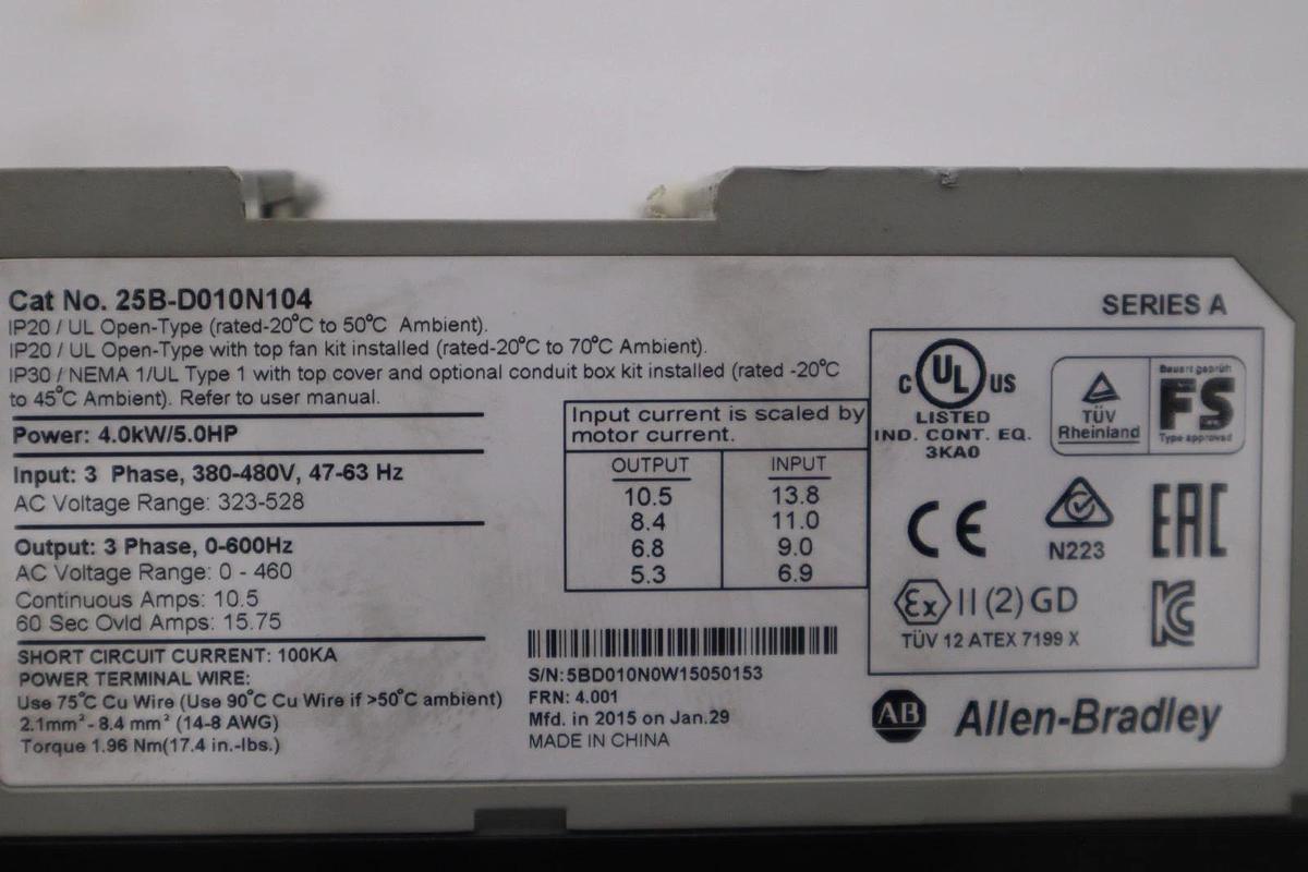 Used AB ALLEN BRADLEY POWERFLEX 525 25B-D010N104 4.0kW 5.0HP STOCK 5049CC