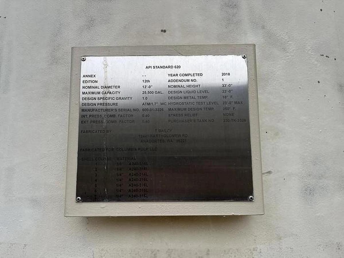 Used T BAILEY 316L STAINLESS STEEL TANK 33' TALL 12' DIAMETER MFG 2018 WITH AGITATOR