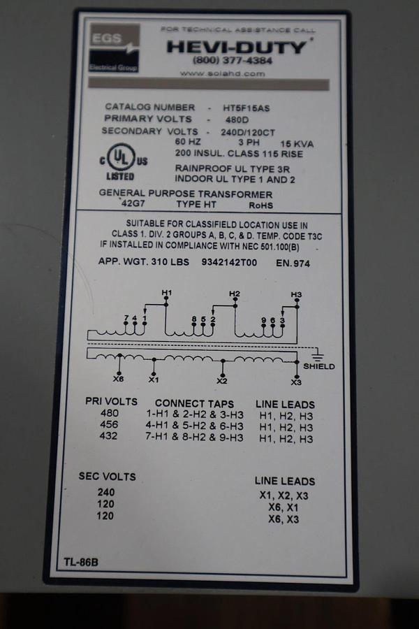 EGS SOLA HEVI-DUTY 15 KVA 480D-240DCT Cat #: HT5F15AS 480V 3PH NEW STOCK S-660