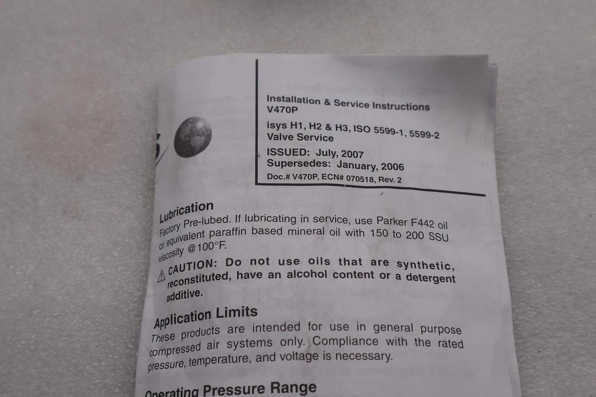 Used PARKER 145PSIG 120/60VAC 4:1VA PNEUMATIC SOLENOID VALVE NIB H11WXBBL53C STK L538