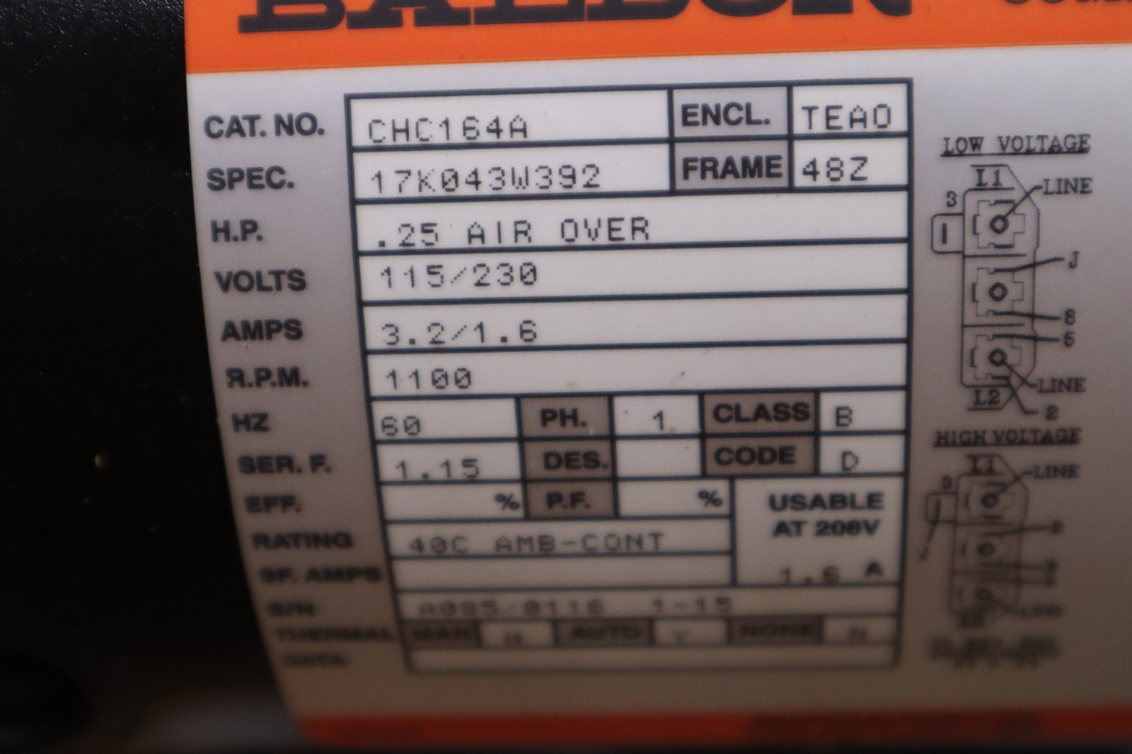 ABB CHC164A 0.25 HP AIR OVER 115/230 VOLTS 3.2/1.6 AMPS - STOCK SGF268