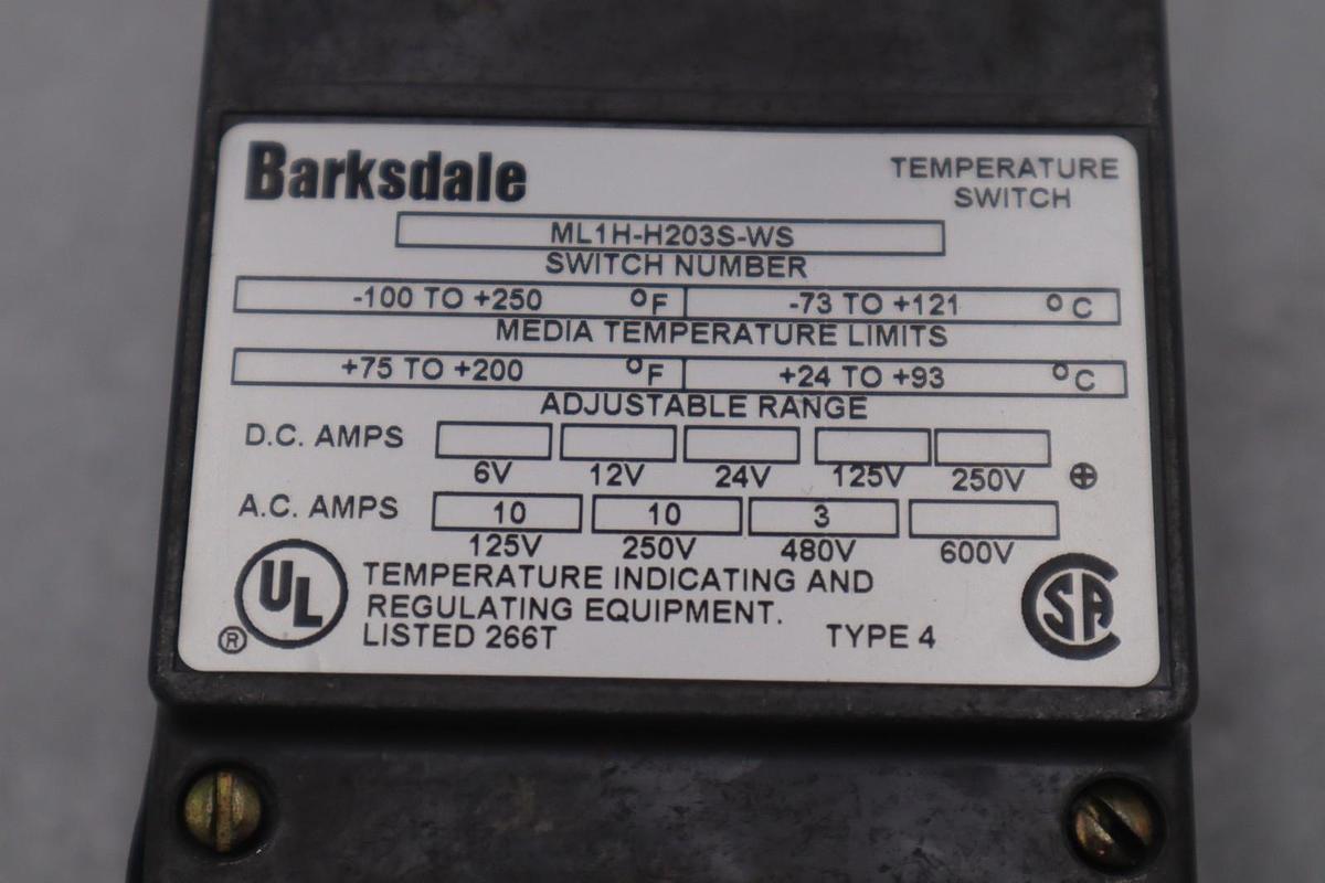 Used BARKSDALE ML1H-H203S-WS 480VAC 3A -100/250'F - NEW NO BOX - STOCK GF-721A