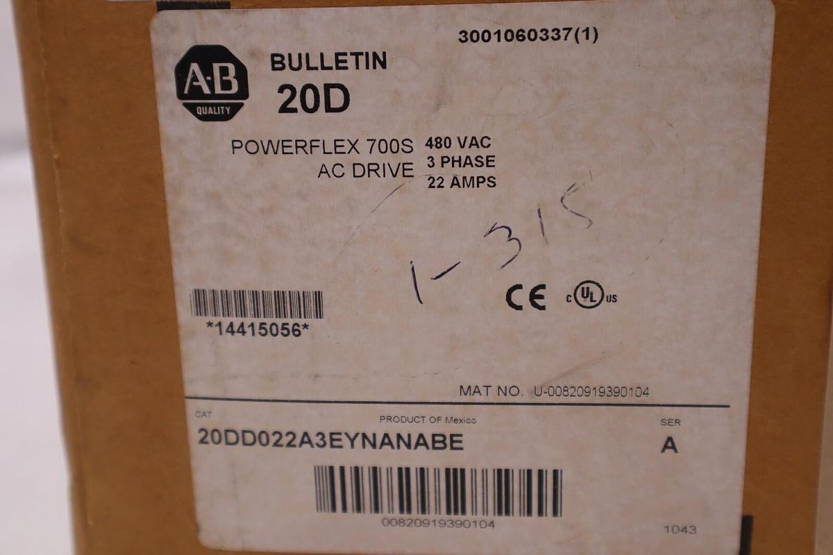 ALLEN BRADLEY 20DD022A3EYNANABE Ser. A POWERFLEX 700S DRIVE 480V 15 HP STK 3517
