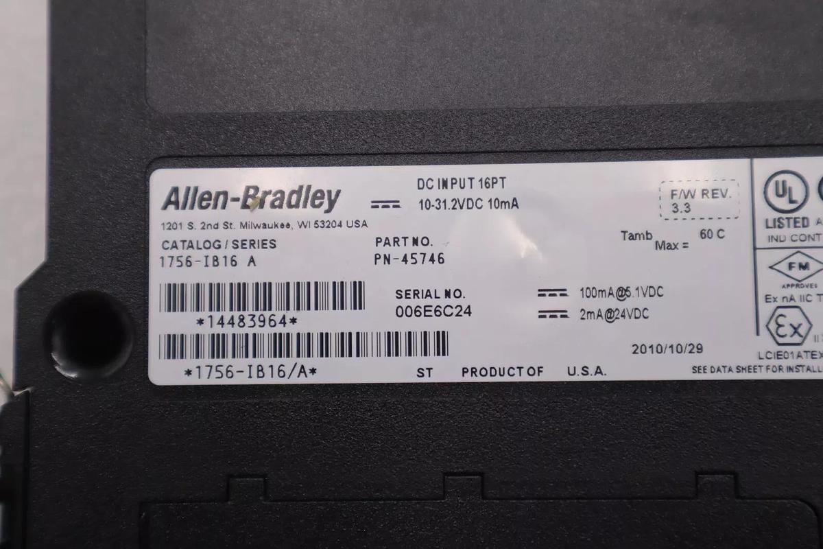 Used Allen-Bradley 1756-IB16 A Catalog Series Part No. PN-45746 DC Input 16PT #K-990A