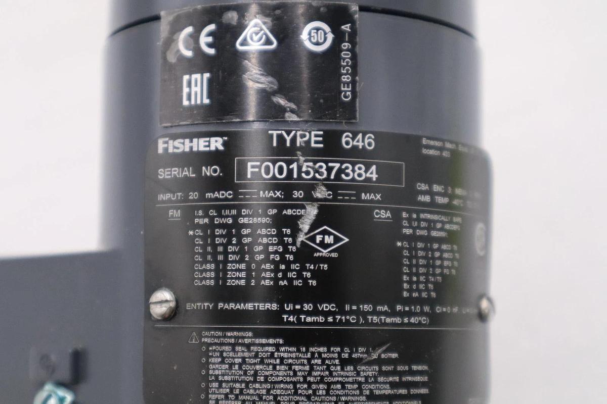 Fisher Type 646/ F001537384 20 mADC 30 VDC Transducer STOCK H1516