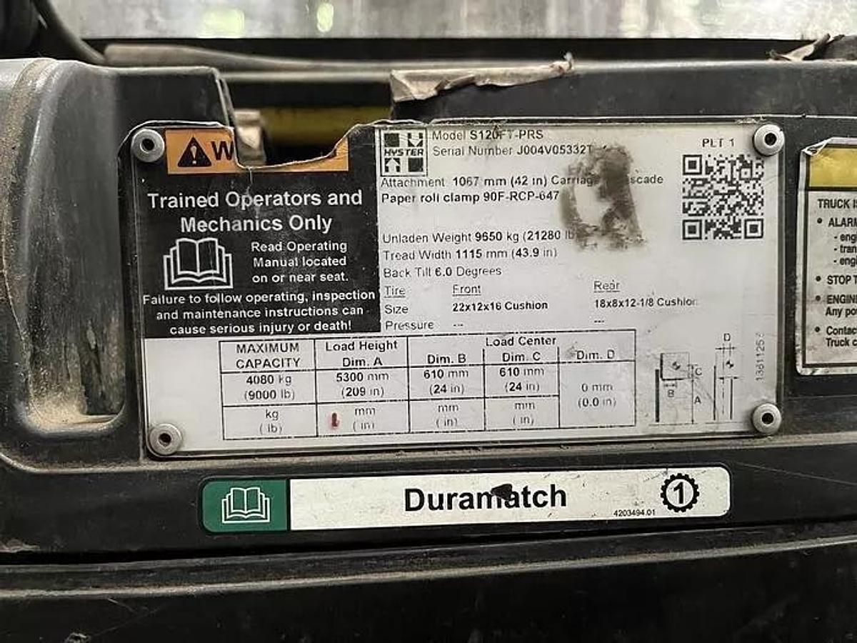 Used 2019 12,000 POUND HYSTER MODEL S120FTPRS ENCLOSED CABIN ROLL CLAMP FORKLIFT