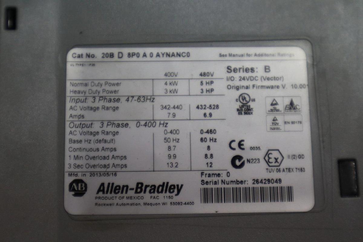 20BD8P0A0AYNANC0 SER B Allen Bradley 8A 460V 5HP Powerflex 700 Drive STOCK 4663