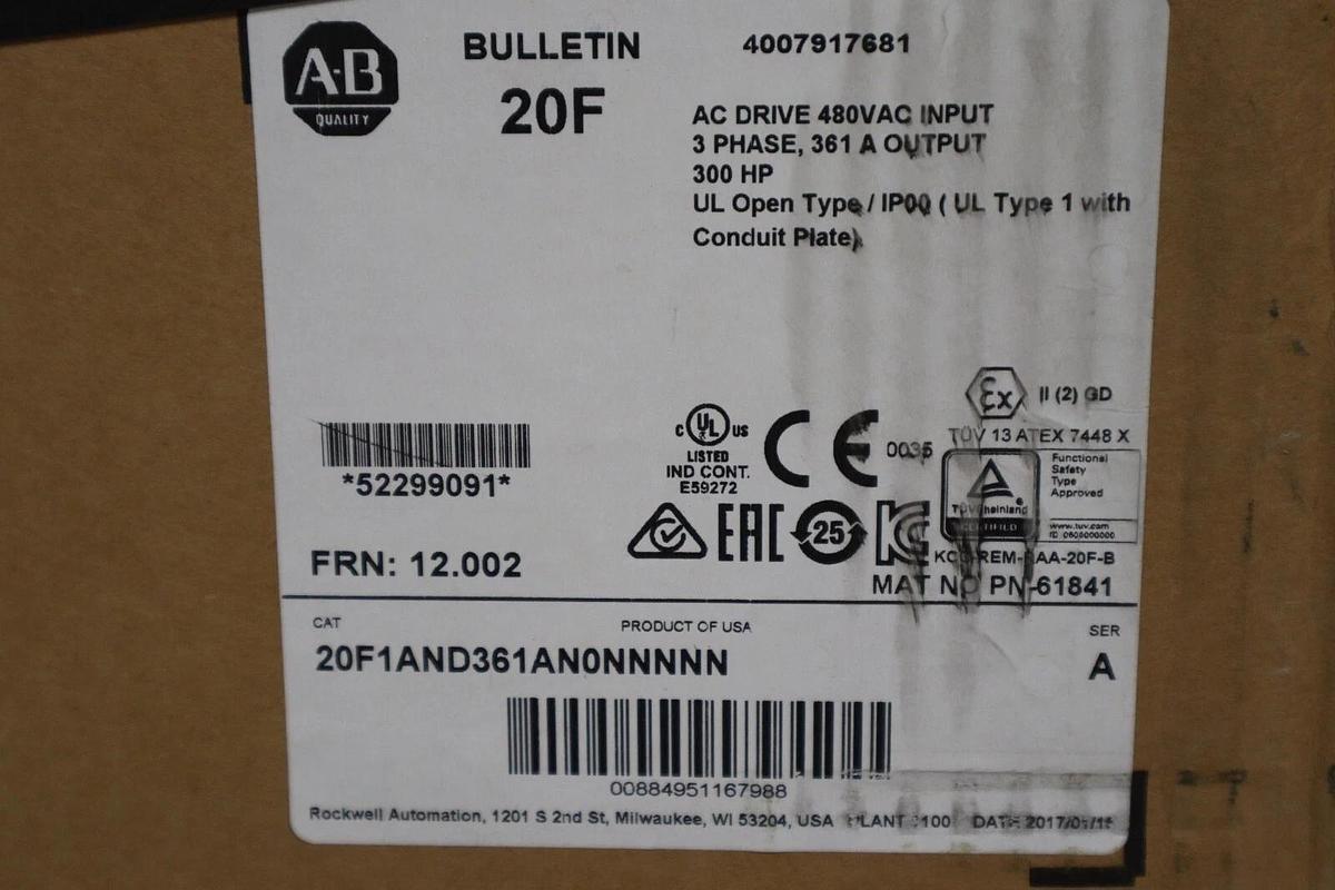 Used ALLEN BRADLEY 20F1AND361AN0NNNNN POWERFLEX 753 DRIVE VFD 300 HP NEW STOCK S-410