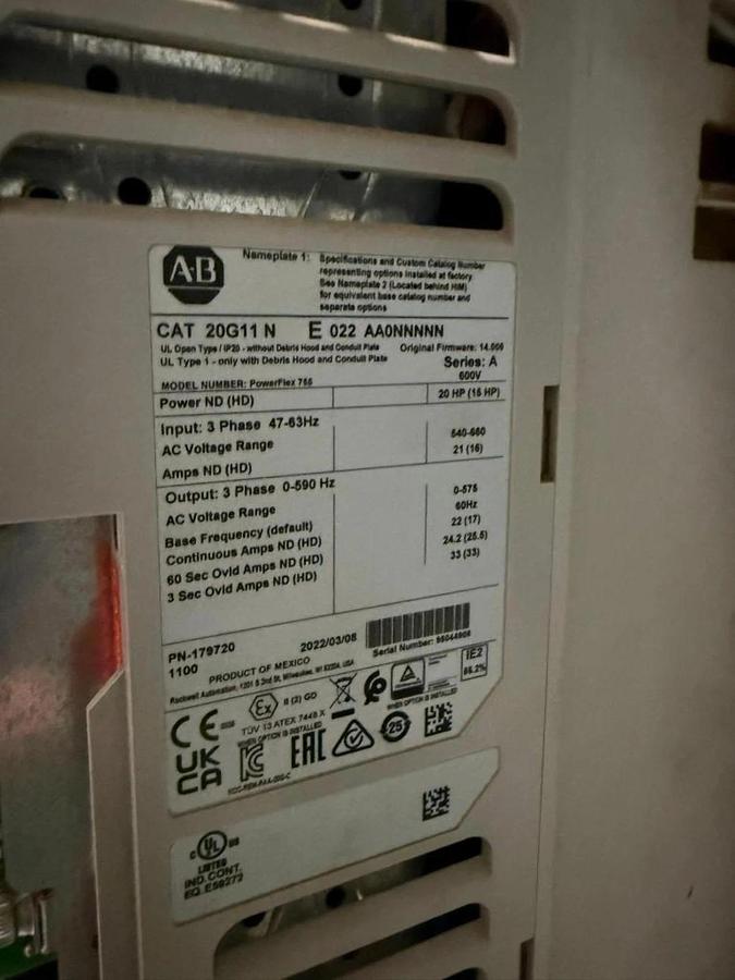 Used 20 HP ALLEN BRADLEY POWERFLEX 755 DRIVE CAT. 20G11NE022AA0NNNNN 600V