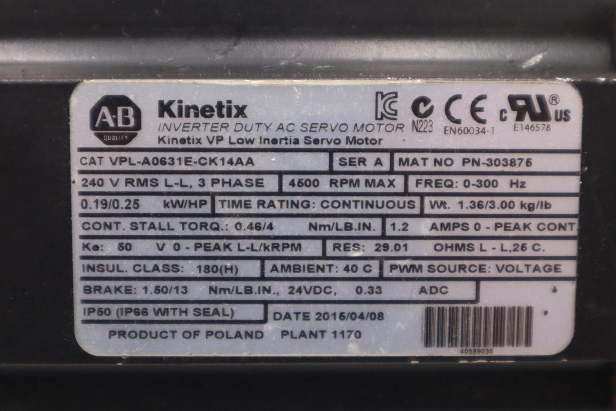 Used Allen Bradley VPL-A0631E-CK14AA SERVO MOTOR STOCK K-2559
