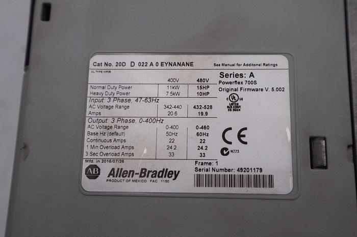 Used 2016 Allen Bradley PowerFlex 700S VFD 20DD022A0EYNANANE 15HP STOCK 2512