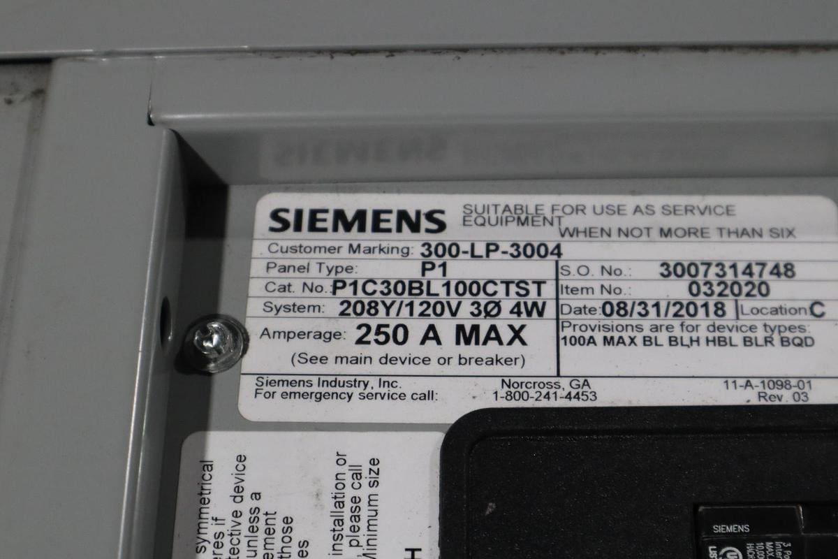 Used SIEMENS P1 250A 208Y/120V P1C30BL100CTST MAIN BEAKER STOCK HS40