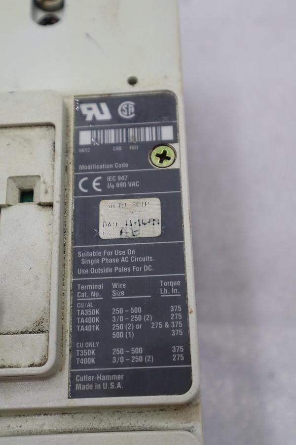 Used CUTLER-HAMMER HM2P400X5WS10 MOTOR CIRCUIT PROTECTOR SERIES C STOCK #3207
