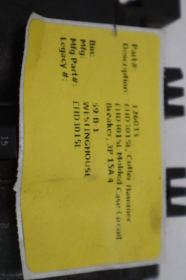 Used WESTINGHOUSE EHB3015L 3 POLE 15 AMP 15A  480V CIRCUIT BREAKER STK CC244