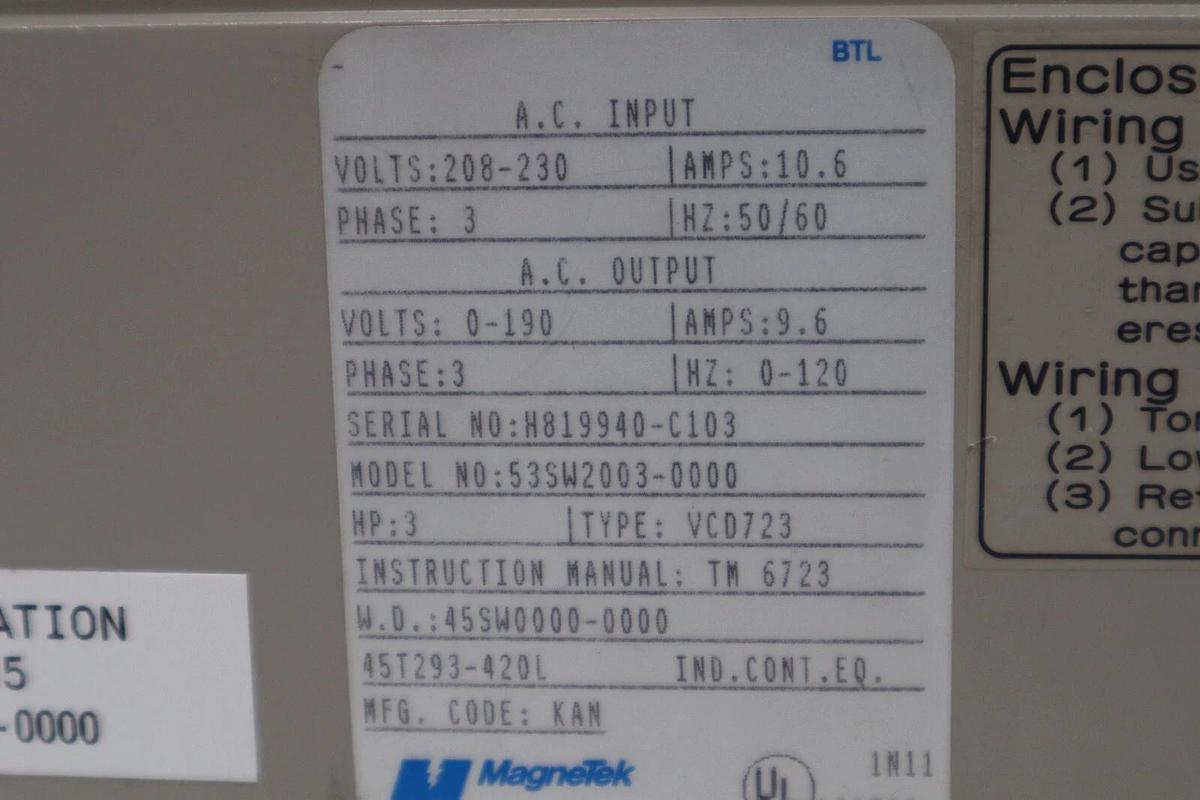 MAGNETEK 53SW2003-0000 VCD 723 3 PHASE AC DRIVE/45SW0000-0000 3HP STOCK 4777