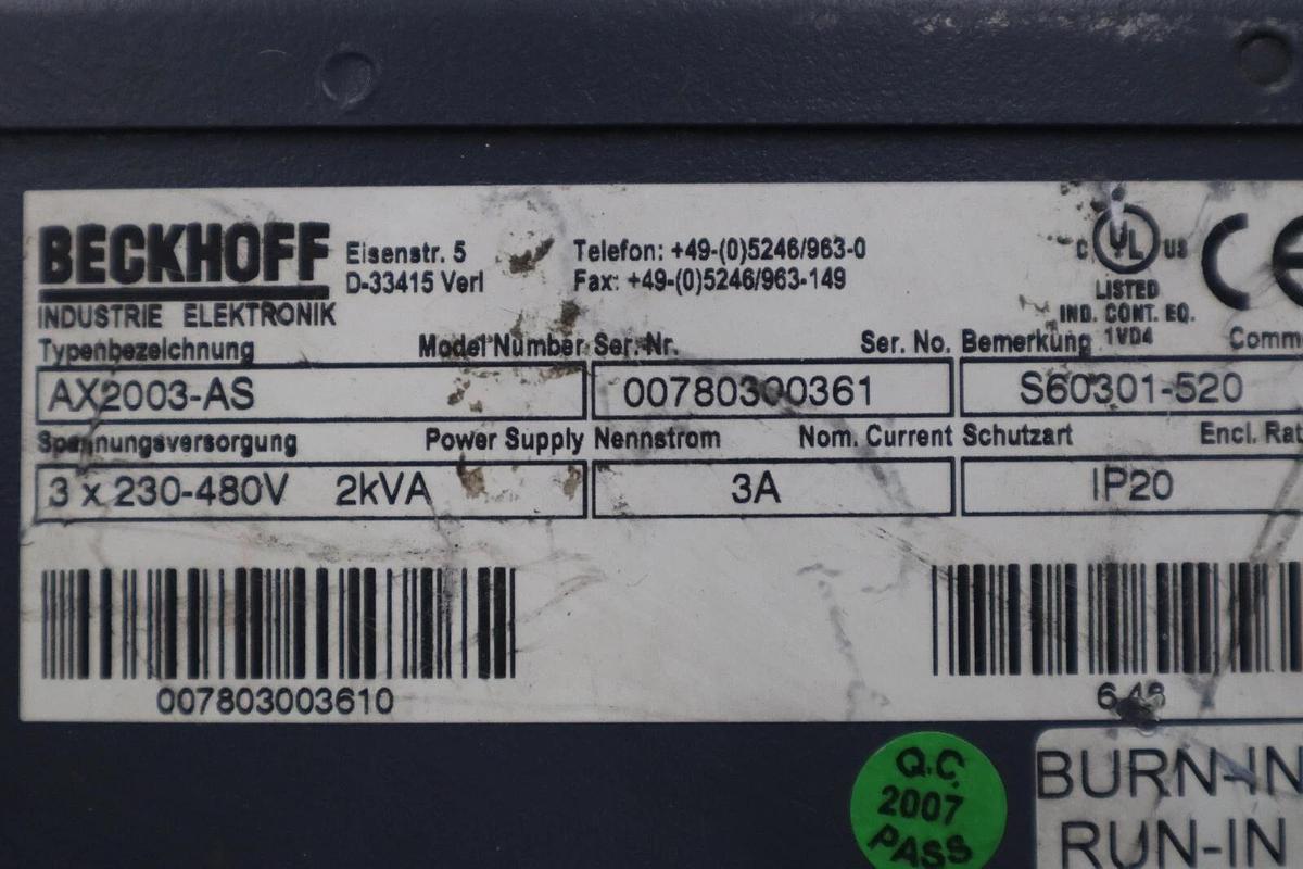 Used Beckhoff AX2003-AS S60301-520 Digital Compact Servo Drive Amplifier STK K-410-D