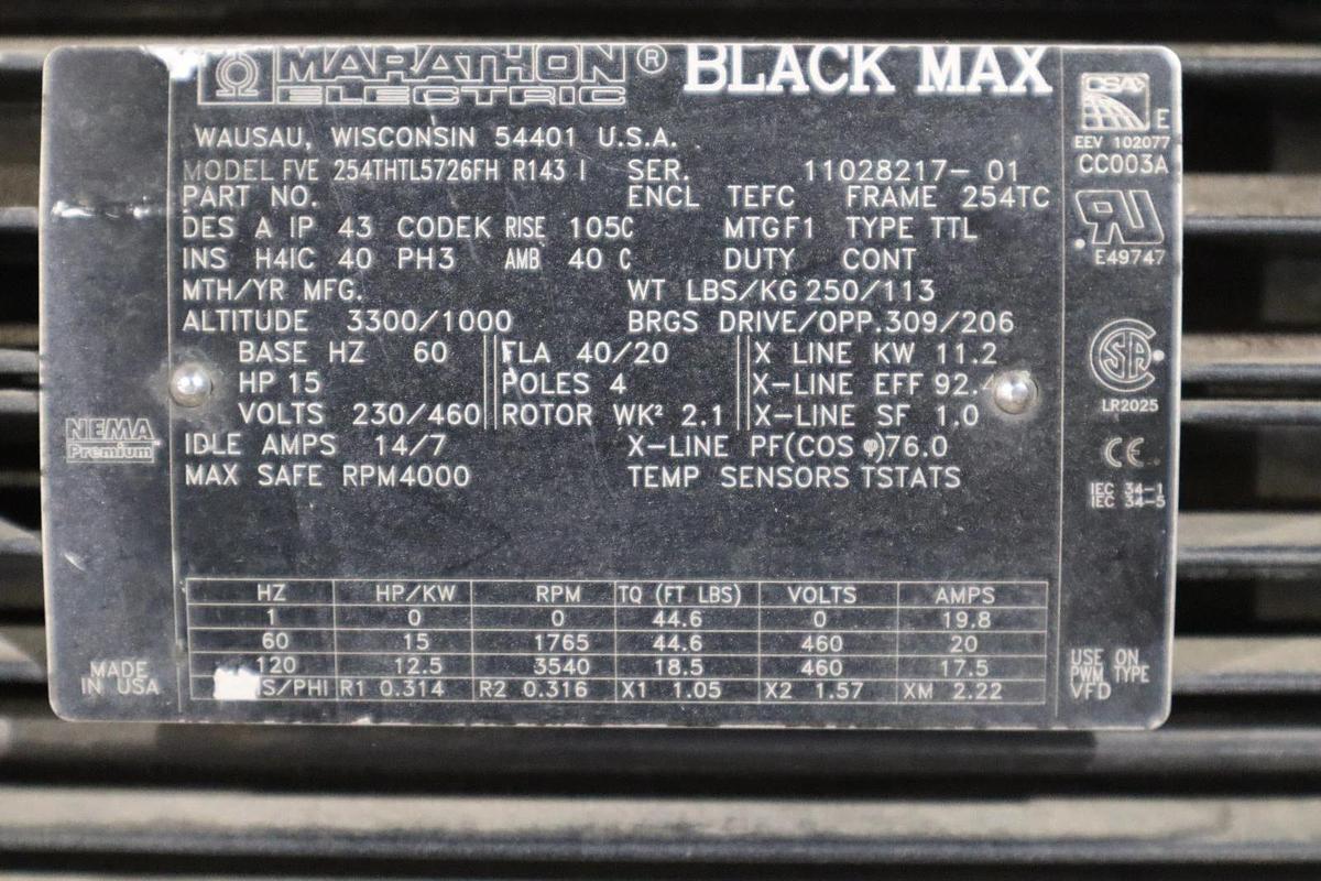 Used Marathon 254THTL5726FH R143 Electric Motor 15 HP 4000 RPM 254TC STOCK HS50