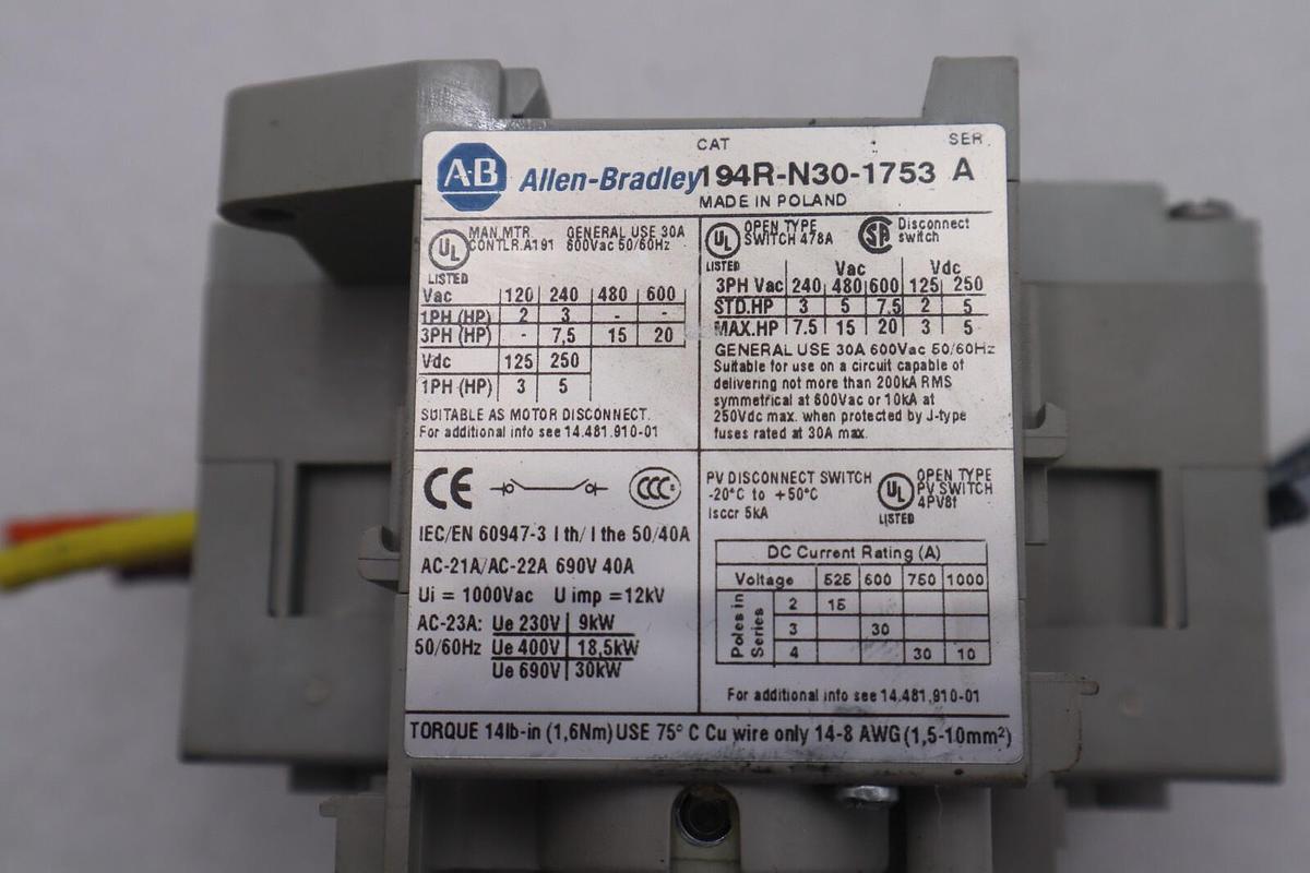 Used 194R-N30-1753 Allen Bradley Disconnect Switch Stock K-633A