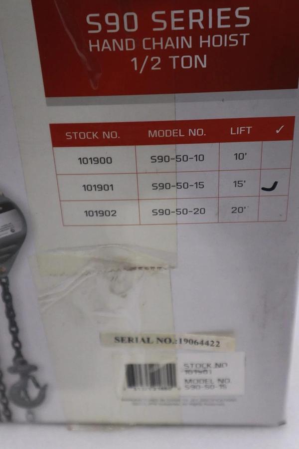 Used JET Hand Chain Hoist - S90-50-15 1/2-Ton (15' Lift) NEW IN BOX STOCK GF-1339