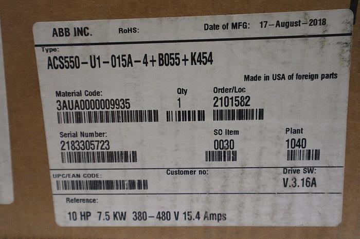 ABB ACS550-U1-04A1-4+B055+K454 (NEW IN BOX) 2 HP 480 V STK 2085-A