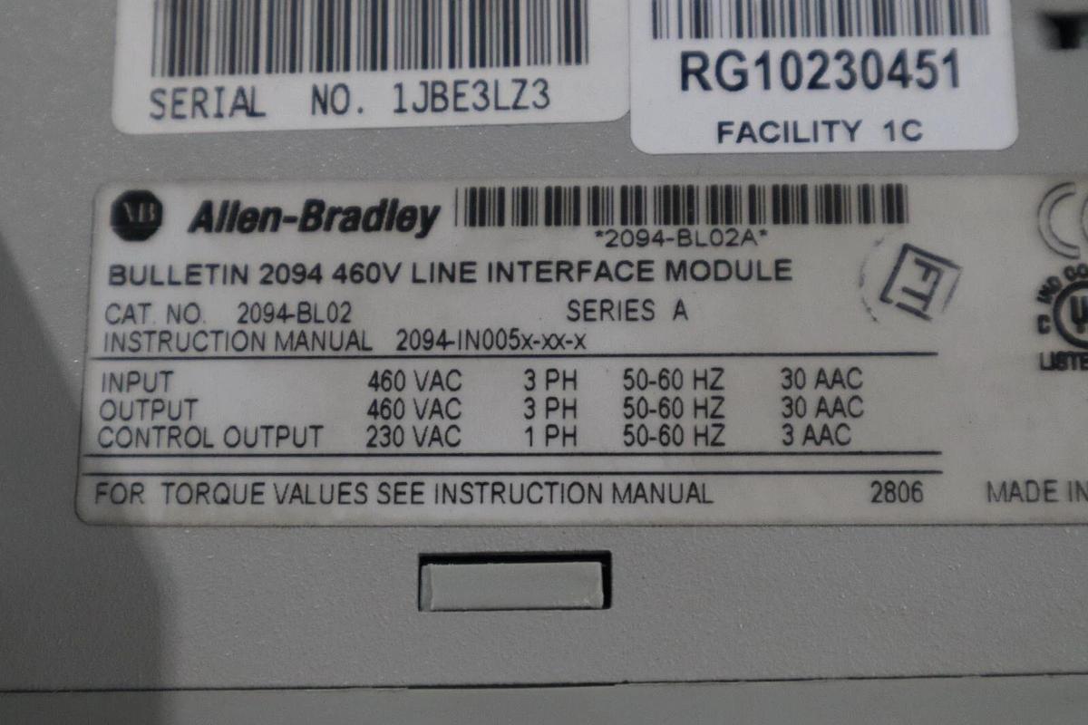 Used Allen Bradley 2094-BL02 Kinetix 6000 460V Line Interface Module SER A #707-A