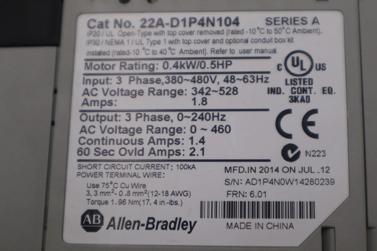 Used AB 22A-D1P4N104 PowerFlex4 AC Drive 22AD1P4N104 SER A ALLEN BRADLEY STOCK B-1381