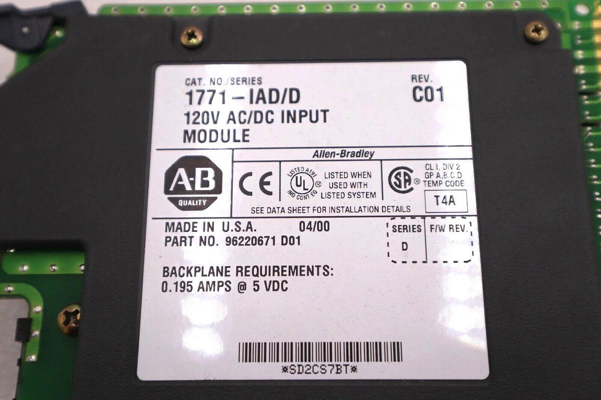 Used ALLEN BRADLEY 1771-IAD SERIES D 120V AC/DC INPUT MODULE REV C01 STOCK #1788
