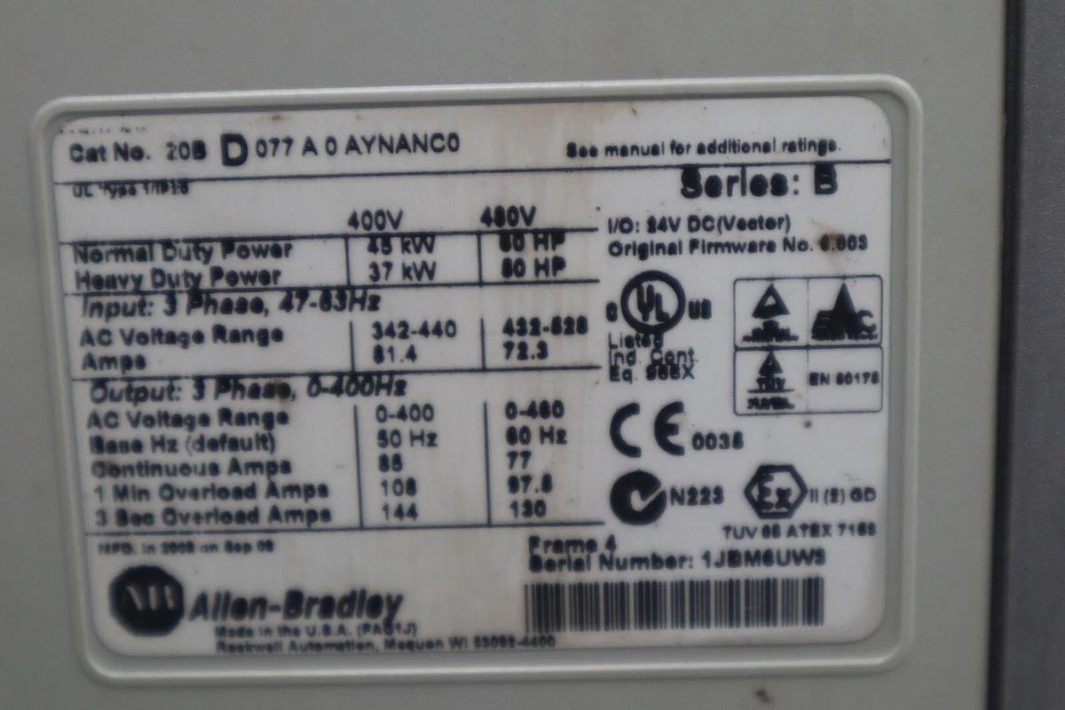 Used ALLEN BRADLEY 20BD077A0AYNANC0 AC DRIVE POWERFLEX 700 480V AC 60 HZ 60 HP #2109C